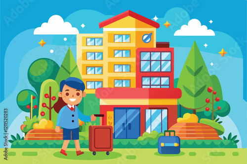 A young boy arrives at a vibrant hotel, excitedly pulling his luggage amidst lush greenery Hotel booking Customizable Cartoon Illustration