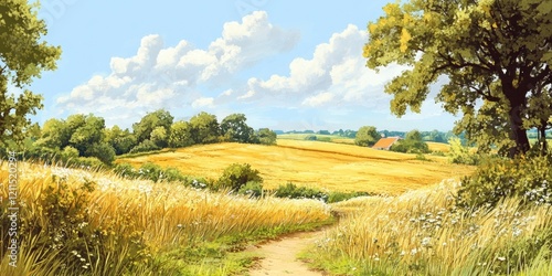Serene countryside landscape with golden wheat field, lush green trees, and a clear blue sky under soft clouds, inviting rural pathway on the right.
