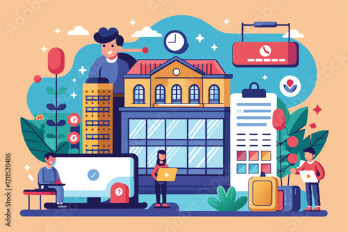 A whimsical illustration showcases travelers using technology to customize hotel bookings and plan their trips Hotel booking Customizable Disproportionate Illustration