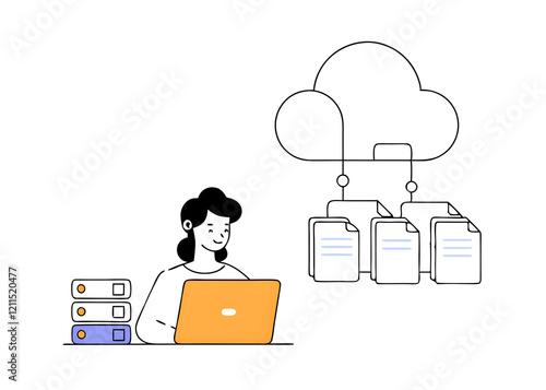 database system data network management security or search cloud computing technology or file document archive database administration concept woman working with computer laptop on database. photo