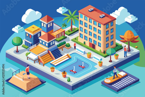 A colorful scene showcases a resort with guests engaged in various activities around a pool area Hotel booking Customizable Isometric Illustration