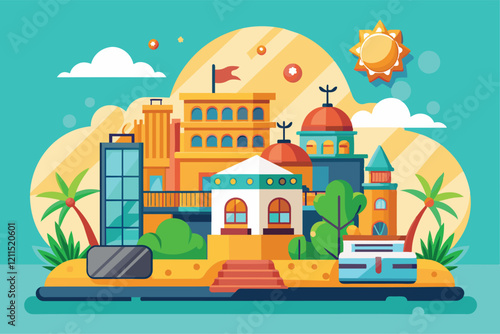 Explore various hotel designs surrounded by palm trees and sunshine, perfect for summer getaways Hotel booking Customizable Semi Flat Illustration