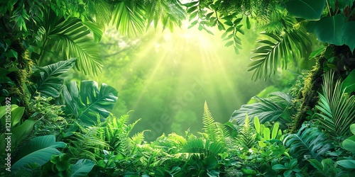 Fototapeta Naklejka Na Ścianę i Meble -  Lush Tropical Rainforest: Sunlit Greens, Vibrant Foliage, Serene Nature