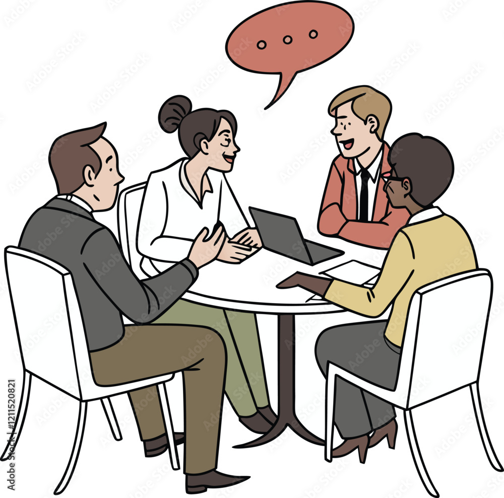 Partners meeting for business discussion with documents and laptop on desk. Couple at round table, speaking, discussing work, partnership. Flat vector on a white background Partners meeting for business discussion with documents and laptop on desk. Couple at round table, speaking, discussing work, partnership. Flat vector on a white background