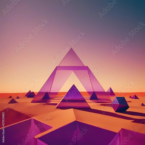 Glass Pyramids in Desert Sunset