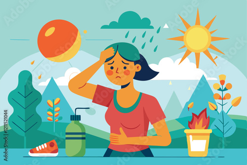 A person feels dizzy and unwell from heat exhaustion under a bright sun hot summer day, sunstroke, Sweat, perspire, headache and dehydration