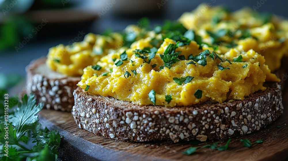 Bright yellow curry spread enhancing multigrain bread with a vibrant look and texture Bright yellow curry spread enhancing multigrain bread with a vibrant look and texture