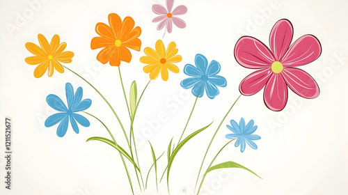 Colorful flower bouquet, spring bloom, white background, greeting card design