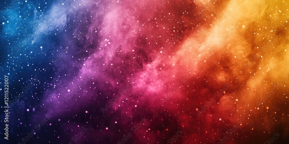Naklejka premium Colorful abstract background with splattered powder effect in vibrant hues of purple, pink, orange and blue with a glittery texture throughout.
