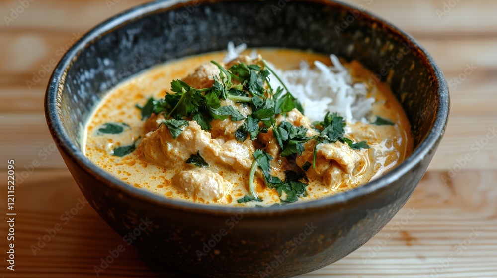 Creamy Chicken Curry with Fresh Herbs and Rice in Rustic Bowl Creamy Chicken Curry with Fresh Herbs and Rice in Rustic Bowl