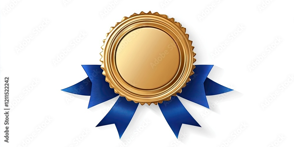 Gold embossed seal with blank center surrounded by two blue ribbons, centrally positioned on a clean white background for emphasis and clarity