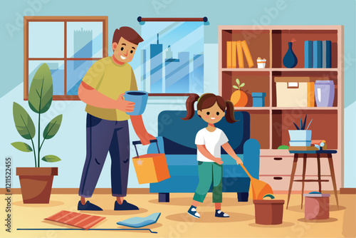 A father and daughter clean their apartment together, sharing chores and enjoying quality time House cleaning, daughter and father care for apartment,