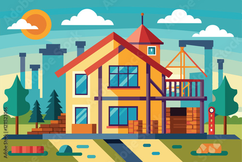 A colorful house construction with building materials and trees in a bright sunny landscape house construction