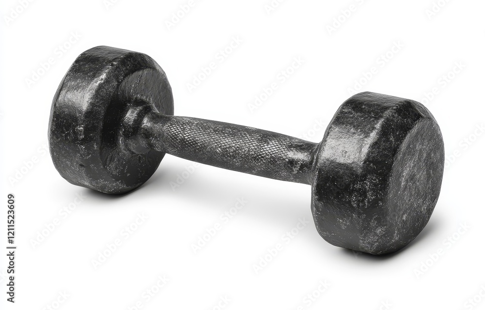 Close-up of a single black dumbbell isolated on white background. Close-up of a single black dumbbell isolated on white background.