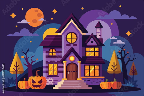 A beautifully decorated house showcases Halloween spirit with pumpkins and eerie trees House halloween decorations Customizable Semi Flat Illustration