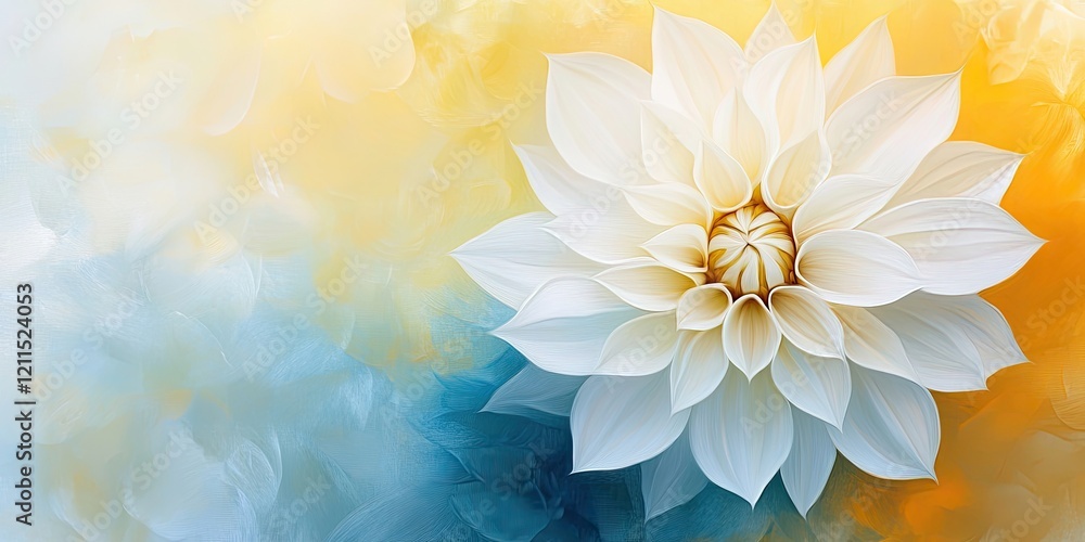 Obraz premium White flower in full bloom positioned centrally against a soft gradient background of yellow and blue, creating a serene two-tone harmony.