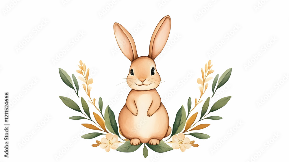 Cute bunny surrounded by leaves and flowers, spring illustration, perfect for Easter cards or children's books Cute bunny surrounded by leaves and flowers, spring illustration, perfect for Easter cards or children's books