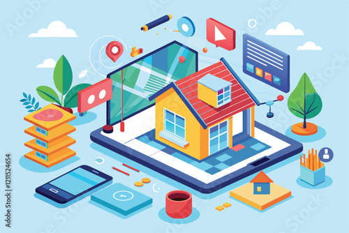 A vibrant house renovation platform with design tools and creative elements around a digital house model, House renovation platform
