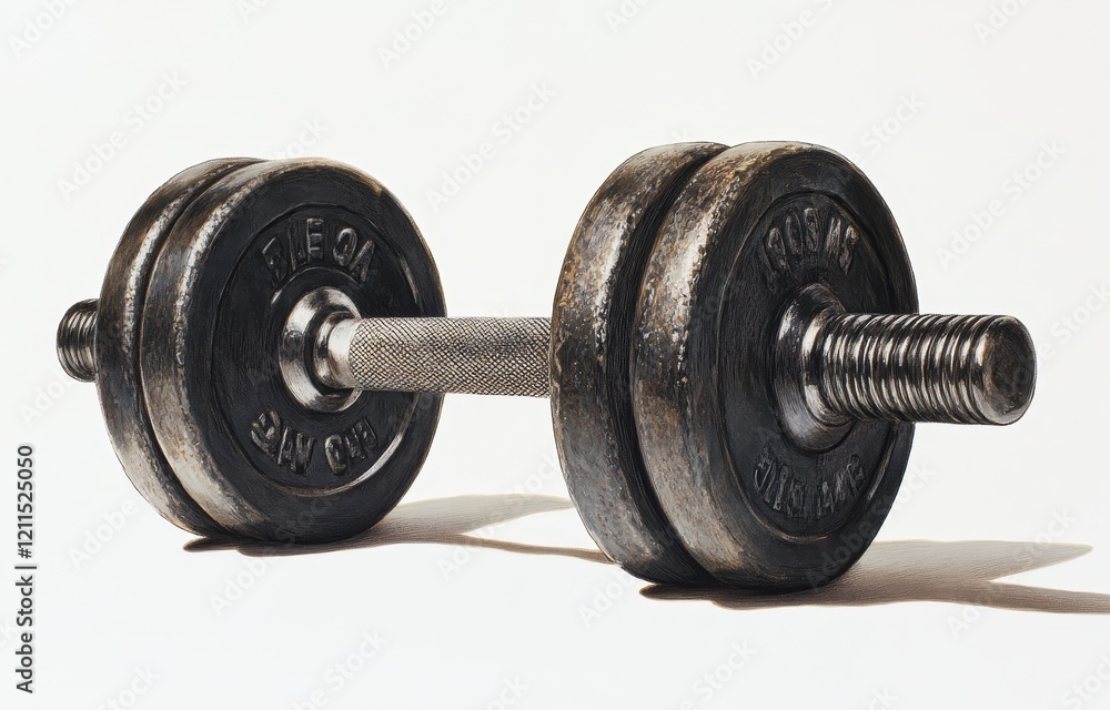 Close-up of a single used dumbbell on white background. Close-up of a single used dumbbell on white background.