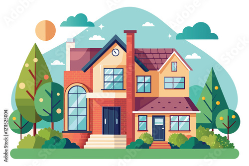 A contemporary house design surrounded by lush trees under a bright sun House restyling Customizable Disproportionate Illustration