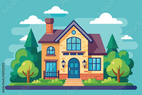A charming house with a modern design sits amid green trees, showcasing a refreshing new style House restyling Customizable Flat Illustration