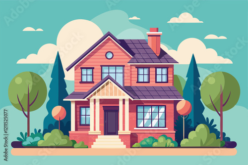 A modern house is set among trees and greenery under a clear, sunny sky House restyling Customizable Flat Illustration