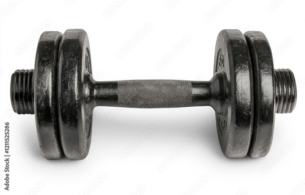 Black dumbbell with textured grip isolated on white background. Black dumbbell with textured grip isolated on white background.