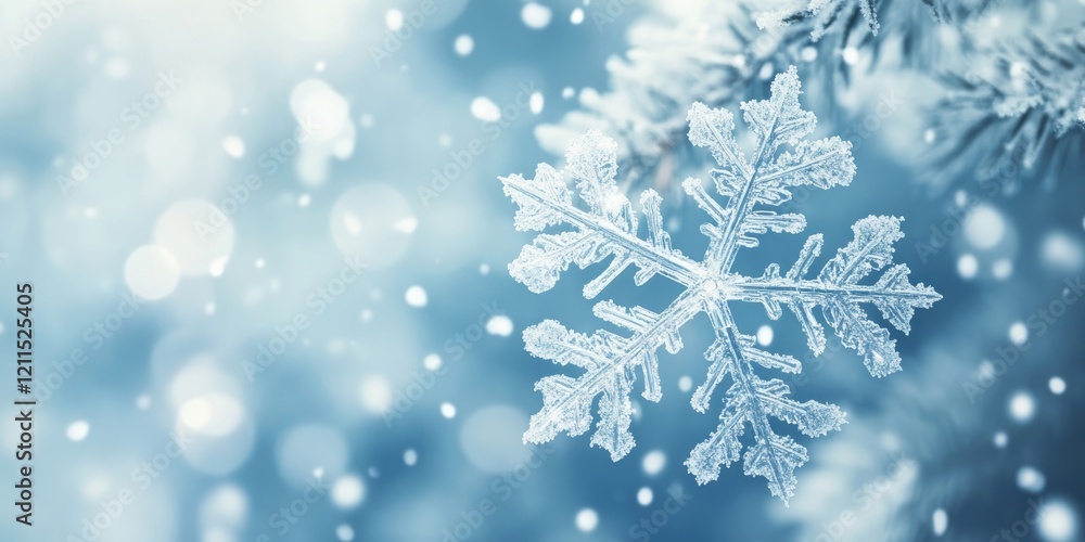 Closeup of intricate snowflake in focus on a blue background with soft bokeh effects and falling snow creating a serene winter atmosphere Closeup of intricate snowflake in focus on a blue background with soft bokeh effects and falling snow creating a serene winter atmosphere