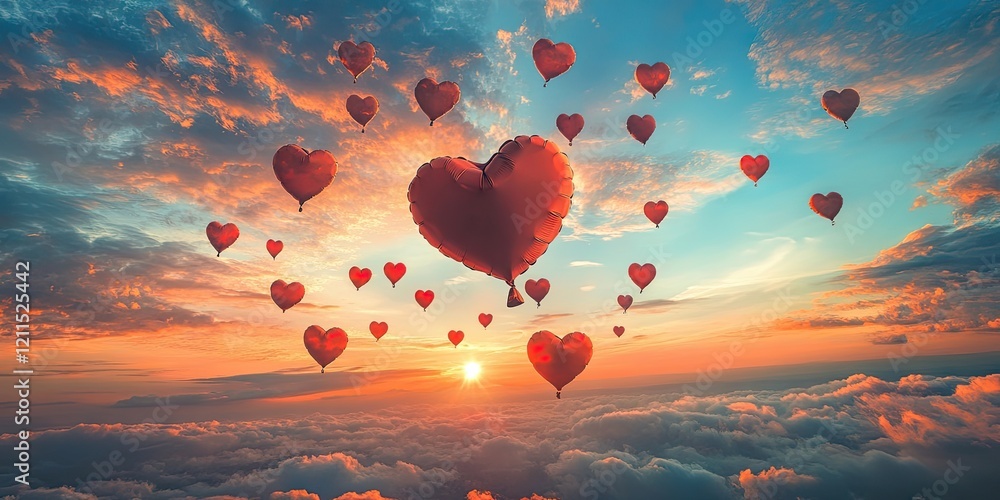 Fototapeta premium Heart-shaped balloons in shades of red float gracefully against a vibrant sunset sky with soft clouds, creating a romantic atmosphere.