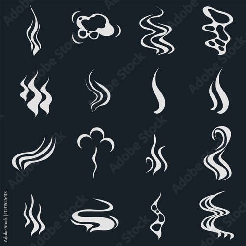 Cigarette smoke, set of smoke icons isolated on black background. Vector, designer illustration. Vector.