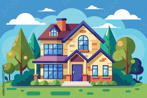 A charming house is set amidst trees and clouds, showcasing vibrant colors and modern design elements House restyling Customizable Semi Flat Illustration