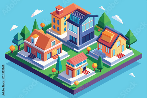 Five customizable houses are displayed in a colorful isometric layout surrounded by greenery Houses Customizable Isometric Illustration
