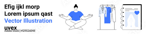 Text, woman sitting cross-legged and meditating, clothing rack with garments, and online shopping app with a heart icon. Ideal for wellness, mindfulness, e-commerce, fashion, digital interfaces