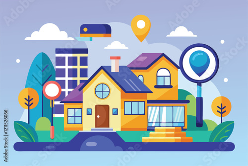 A vibrant illustration of houses and city buildings, showcasing a home search in a colorful urban environment House searching Customizable Flat Illustration photo