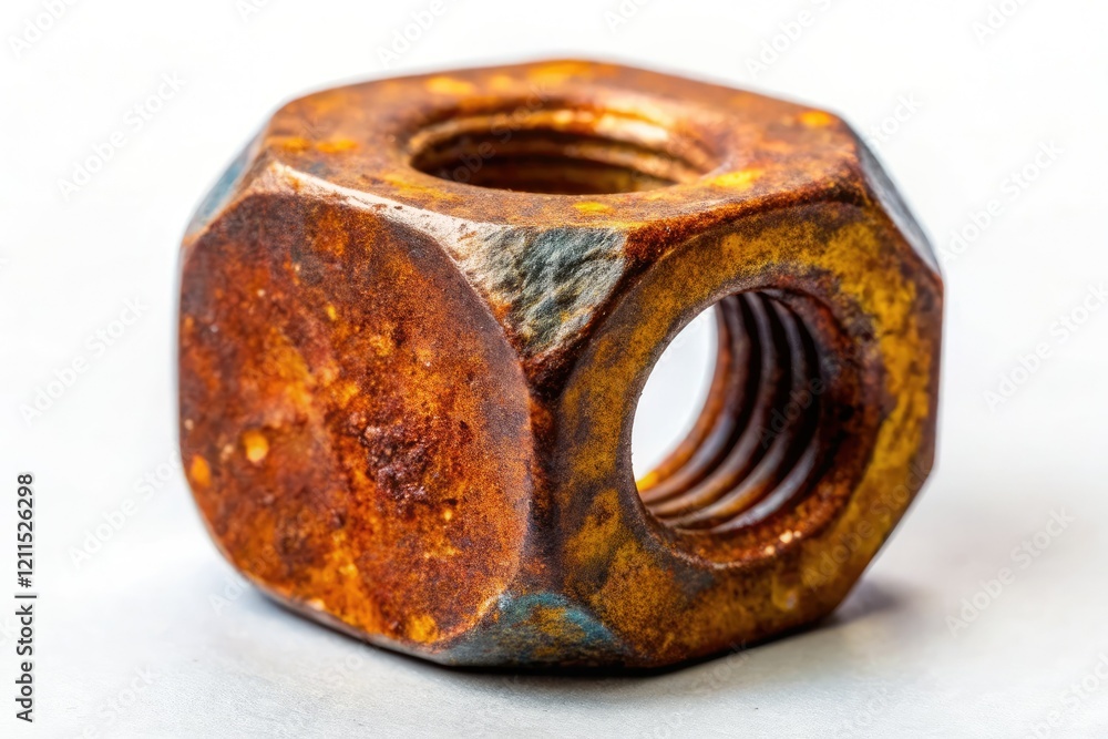 Macro view: rusty, square metal nut, detailed industrial texture against a stark white backdrop. Macro view: rusty, square metal nut, detailed industrial texture against a stark white backdrop.