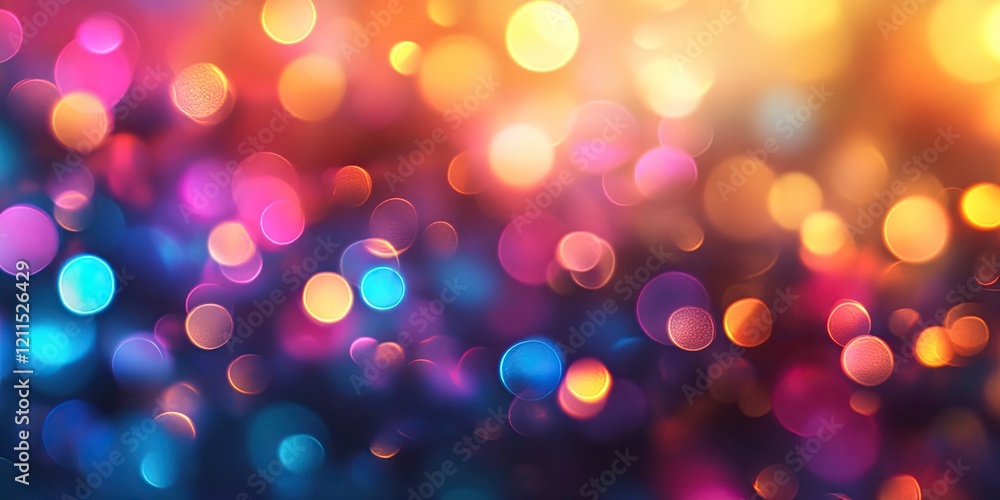 Fototapeta premium Colorful bokeh lens flare with pink, blue, orange, and gold orbs against a blurred dark background creating a dreamy decorative overlay effect