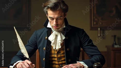 A refined gentleman of the Romantic period, in a turtleneck shirt, waistcoat and tailcoat, exudes 19th century sophistication.