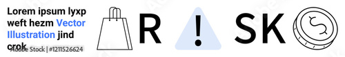 Shopping bag, alert sign, clock elements forming the word RISK. Ideal for financial planning, business strategy, time management, cautionary themes, market analysis, project risk and decision