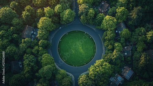 Aerial View of Circular Road Surrounded by Lush Green Trees and Houses