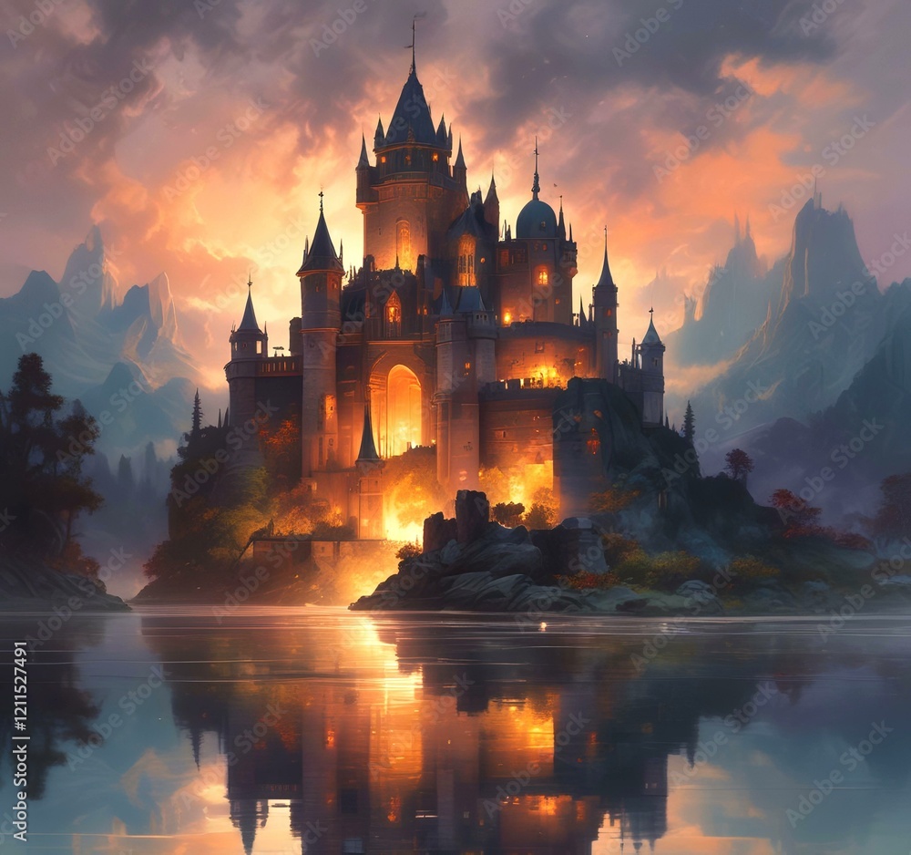 Naklejka premium Illustration of glowing mystery tower castle in night.