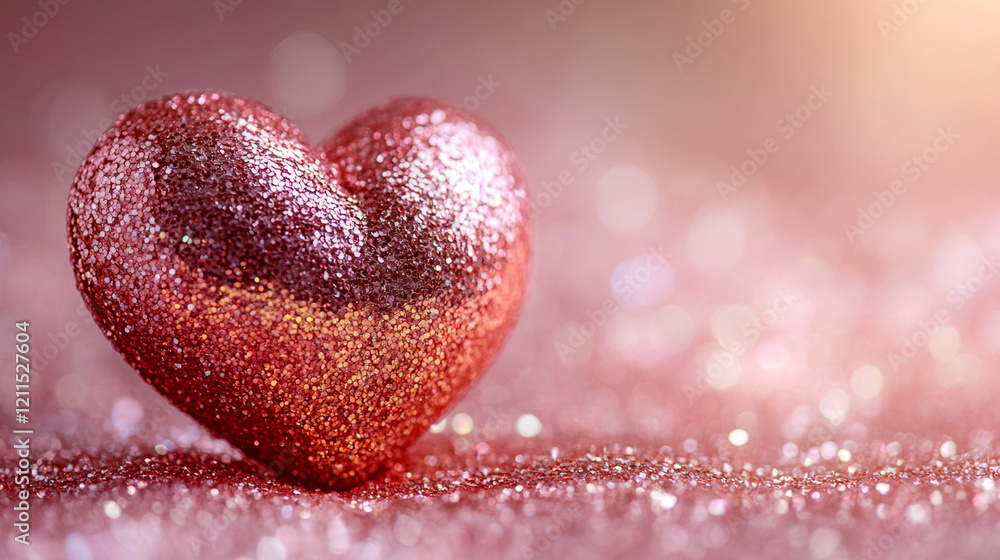 A pink glittery heart sitting on a bed of sparkling glitter Valentine's Day A pink glittery heart sitting on a bed of sparkling glitter Valentine's Day