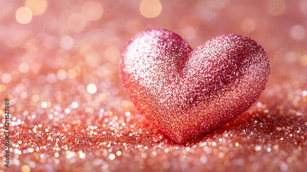 A pink glittery heart sitting on a bed of sparkling glitter Valentine's Day A pink glittery heart sitting on a bed of sparkling glitter Valentine's Day