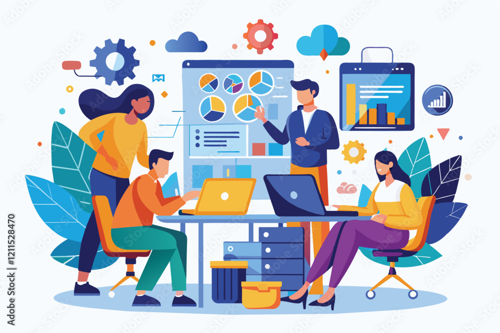 A team discusses data processing strategies while working on their laptops in a collaborative environment humans are thinking about how to process data A team discusses data processing strategies while working on their laptops in a collaborative environment humans are thinking about how to process data