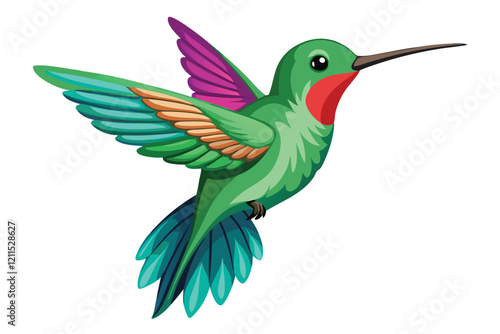 A colorful hummingbird with iridescent feathers hovering near a cluster of blooming flowers Hummingbird isolated,