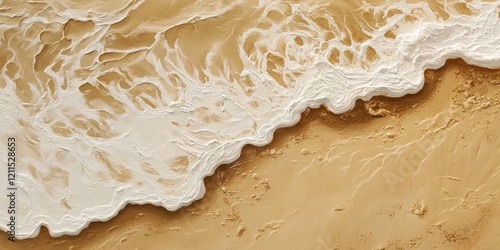 Close-up of sandy beach with golden hues and white foamy waves gently crashing on the shore, showcasing textures and movement in the sand.
