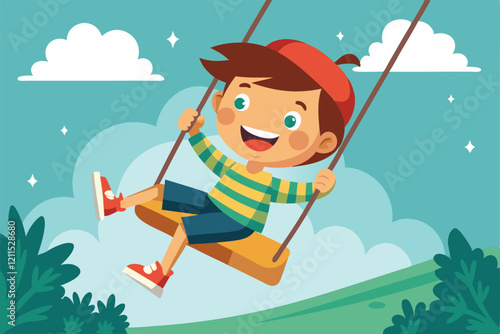 A cheerful child swings happily, surrounded by lush greenery and bright clouds overhead Humorous child swinging