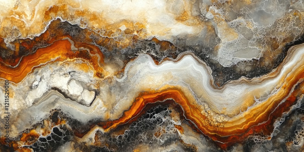 Natural abstract agate stone pattern featuring earthy tones of orange, brown, white and gray swirling in wavy lines and textures throughout the image. Natural abstract agate stone pattern featuring earthy tones of orange, brown, white and gray swirling in wavy lines and textures throughout the image.