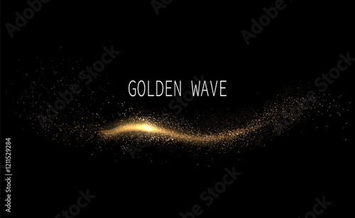 Isolated gold ribbon with tinsel on black background, design element.