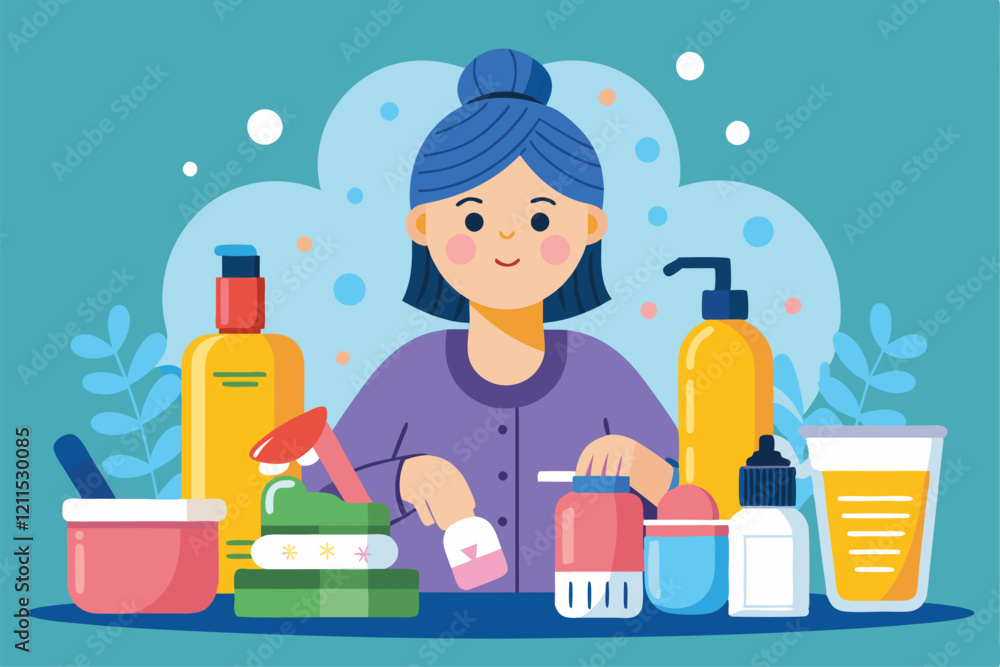A person is applying shampoo and using various cosmetics during their daily hygiene routine Hygiene and routine, Person with shampoo and cosmetic products, A person is applying shampoo and using various cosmetics during their daily hygiene routine Hygiene and routine, Person with shampoo and cosmetic products,