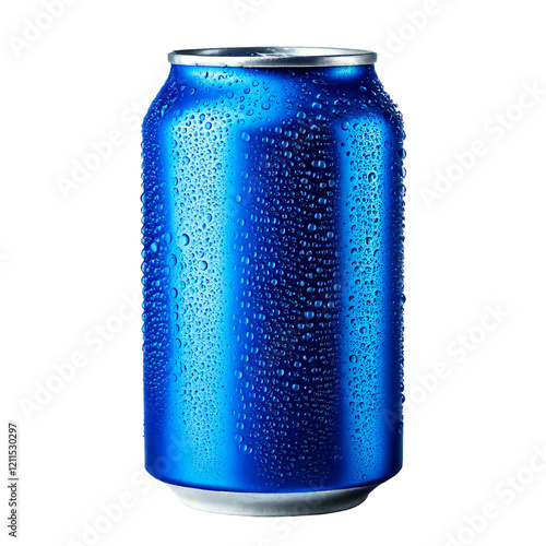 Eine blaue Getränkedose mit einem kalten Getränk mit auskondensierten Wassertröpfchen auf der Außenseite (transparent)